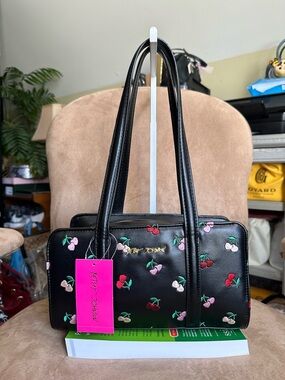 Betsey Johnson Shoulder Bag Black with Pink & Red Cherry Embroidery New with Tag